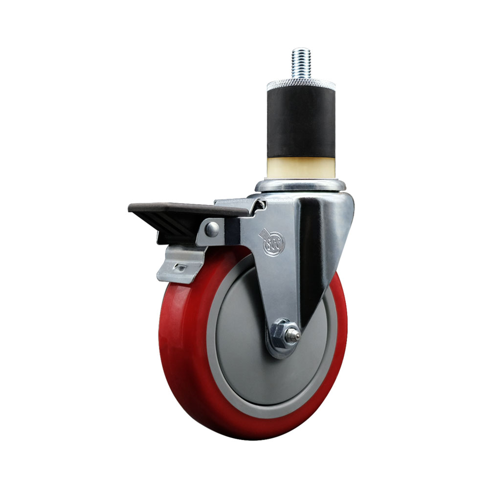 Polyurethane Expanding Stem Swivel Caster with 5 Inch Red Wheel and 1-7/8" Stem & Posi Locking Brake - 350 lbs. Capacity Per Caster - Service Caster Brand — photo 1