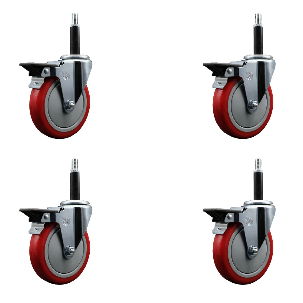 Polyurethane Swivel Expanding Stem Caster Set of 4 with 5 Inch Red Wheels and 3/4" Stems - Includes 4 Swivel with Posi Locking Brakes - 350 lbs. Capacity Per Caster - Service Caster Brand — photo 1