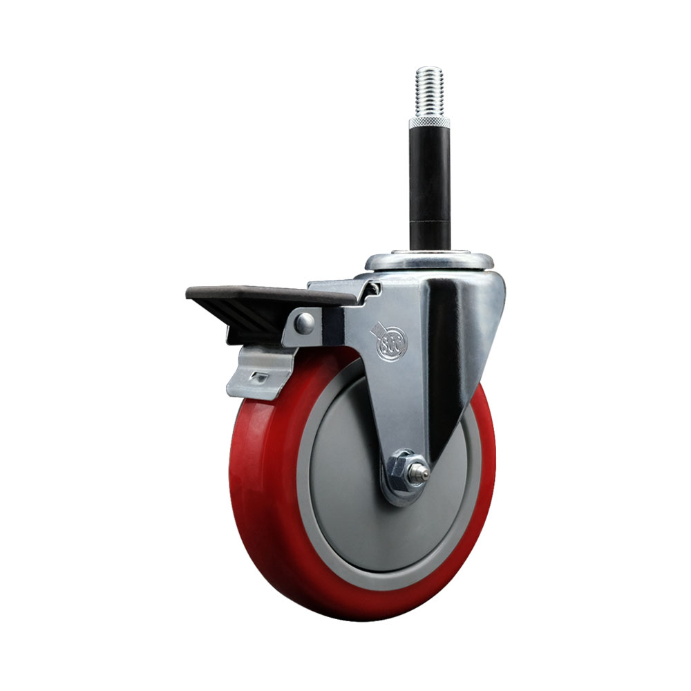 Polyurethane Expanding Stem Swivel Caster with 5 Inch Red Wheel and 3/4" Stem & Posi Locking Brake - 350 lbs. Capacity Per Caster - Service Caster Brand — photo 1