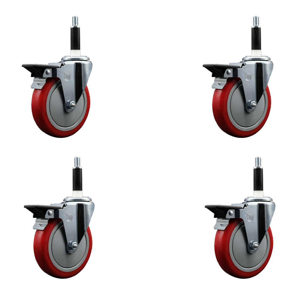 Polyurethane Swivel Expanding Stem Caster Set of 4 with 5 Inch Red Wheels and 7/8" Stems - Includes 4 Swivel with Posi Locking Brakes - 350 lbs. Capacity Per Caster - Service Caster Brand — photo 1