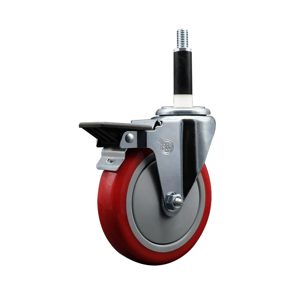 Polyurethane Expanding Stem Swivel Caster with 5 Inch Red Wheel and 7/8" Stem & Posi Locking Brake - 350 lbs. Capacity Per Caster - Service Caster Brand — photo 1
