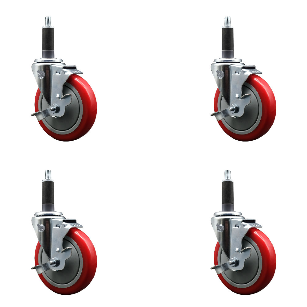 Polyurethane Swivel Expanding Stem Caster Set of 4 with 5 Inch Red Wheels and 1" Stems - Includes 4 Swivel with Top Locking Brakes - 350 lbs. Capacity Per Caster - Service Caster Brand — photo 1