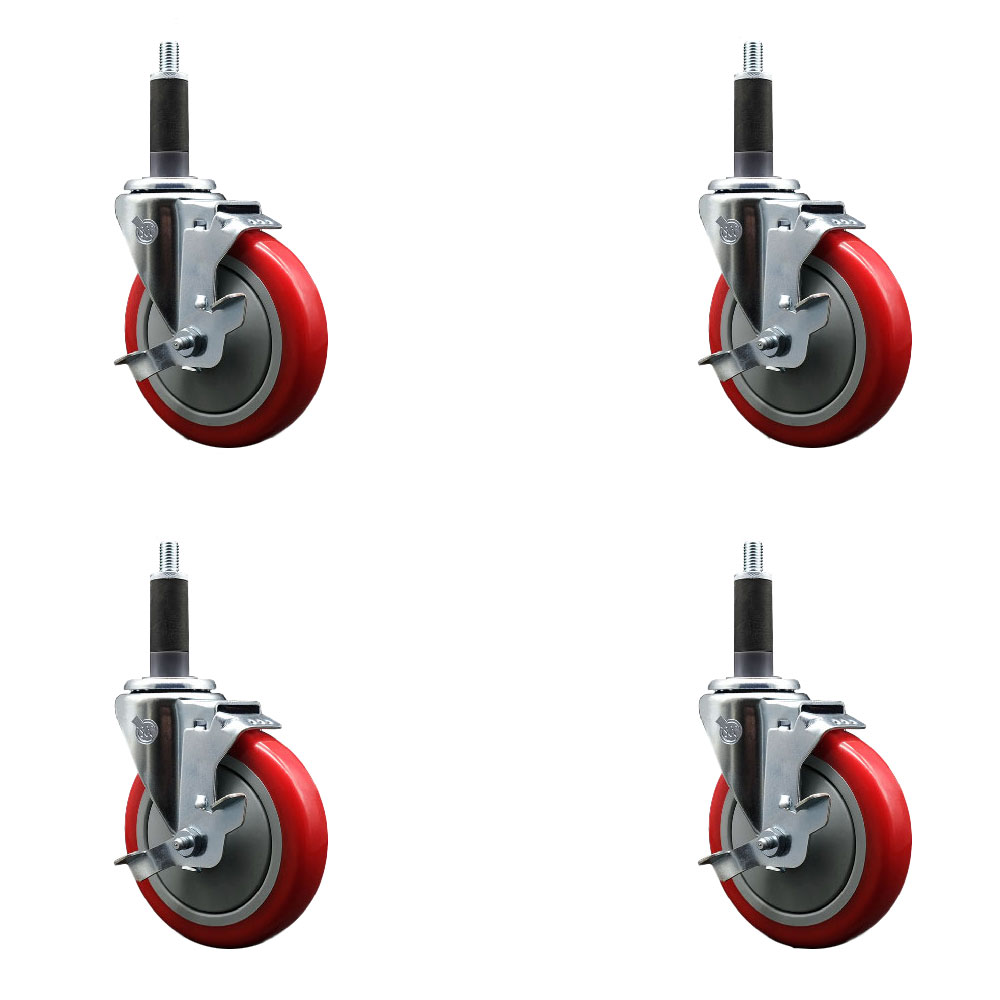 Stainless Steel Polyurethane Swivel Expanding Stem Caster Set of 4 with 5 Inch Red Wheels and 1" Stems - Includes 4 Swivel with Top Locking Brakes - 350 lbs. Capacity Per Caster - Service Caster Brand — photo 1