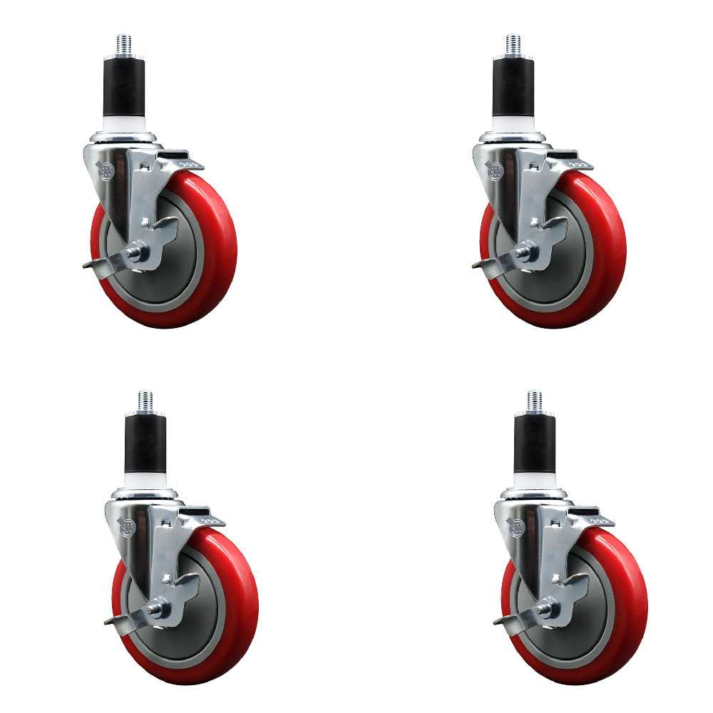 Polyurethane Swivel Expanding Stem Caster Set of 4 with 5 Inch Red Wheels and 1-1/2" Stems - Includes 4 Swivel with Top Locking Brakes - 350 lbs. Capacity Per Caster - Service Caster Brand — photo 1