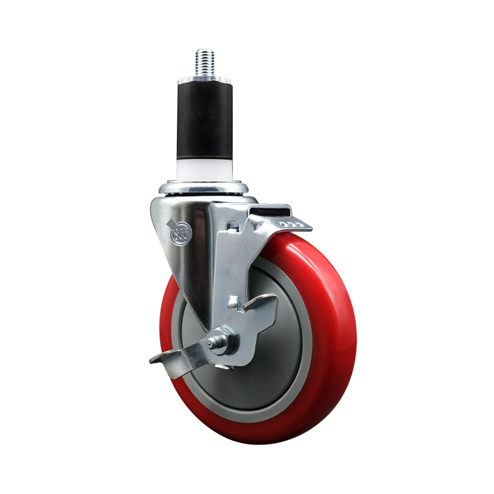 Stainless Steel Polyurethane Expanding Stem Swivel Caster with 5 Inch Red Wheel and 1-1/2" Stem & Top Locking Brake - 350 lbs. Capacity Per Caster - Service Caster Brand — photo 1
