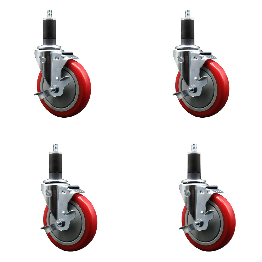 Polyurethane Swivel Expanding Stem Caster Set of 4 with 5 Inch Red Wheels and 1-1/4" Stems - Includes 4 Swivel with Top Locking Brakes - 350 lbs. Capacity Per Caster - Service Caster Brand — photo 1