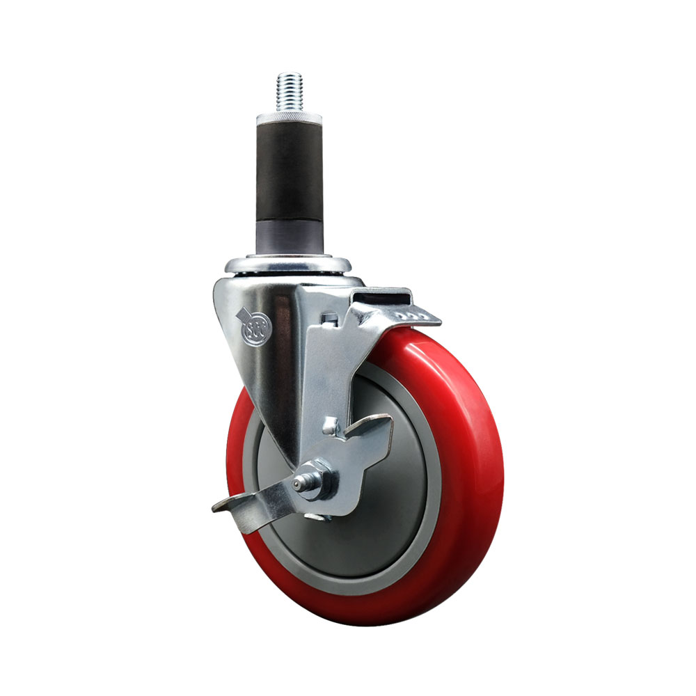 Polyurethane Expanding Stem Swivel Caster with 5 Inch Red Wheel and 1-1/4" Stem & Top Locking Brake - 350 lbs. Capacity Per Caster - Service Caster Brand — photo 1