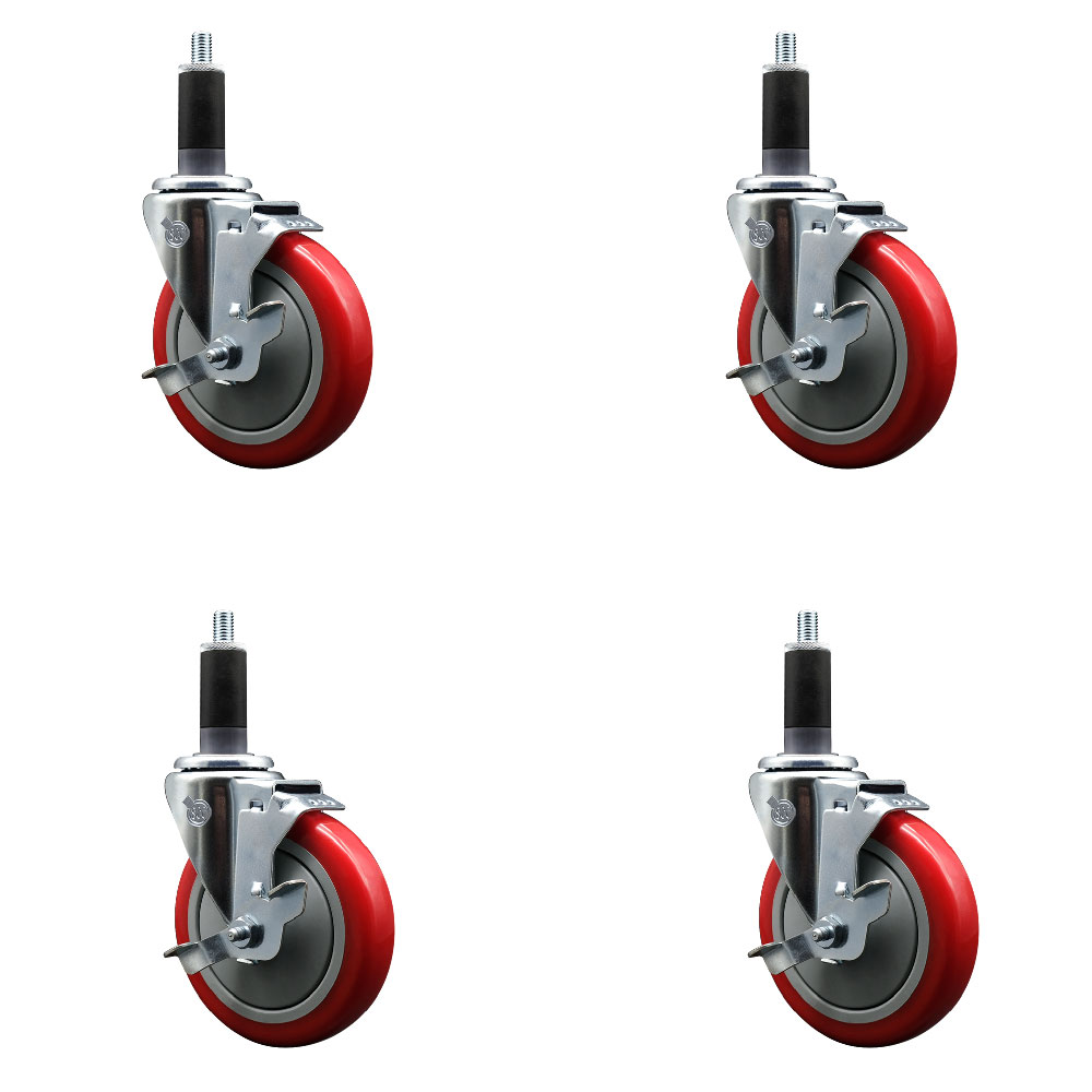 Polyurethane Swivel Expanding Stem Caster Set of 4 with 5 Inch Red Wheels and 1-1/8" Stems - Includes 4 Swivel with Top Locking Brakes - 350 lbs. Capacity Per Caster - Service Caster Brand — photo 1
