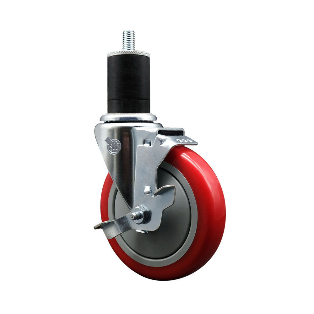 Stainless Steel Polyurethane Expanding Stem Swivel Caster with 5 Inch Red Wheel and 1-3/4" Stem & Top Locking Brake - 350 lbs. Capacity Per Caster - Service Caster Brand — photo 1