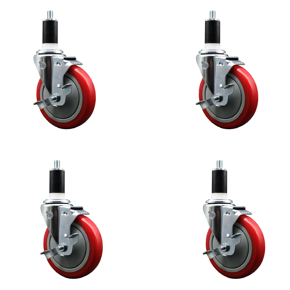 Polyurethane Swivel Expanding Stem Caster Set of 4 with 5 Inch Red Wheels and 1-3/8" Stems - Includes 4 Swivel with Top Locking Brakes - 350 lbs. Capacity Per Caster - Service Caster Brand — photo 1