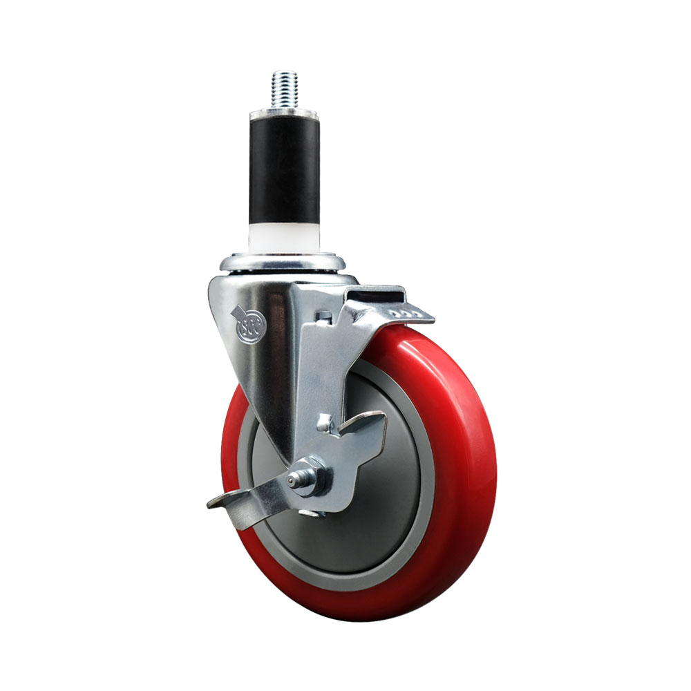 Stainless Steel Polyurethane Expanding Stem Swivel Caster with 5 Inch Red Wheel and 1-3/8" Stem & Top Locking Brake - 350 lbs. Capacity Per Caster - Service Caster Brand — photo 1