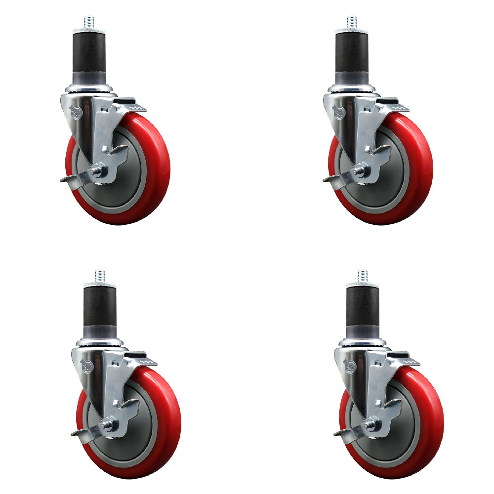 Stainless Steel Polyurethane Swivel Expanding Stem Caster Set of 4 with 5 Inch Red Wheels and 1-5/8" Stems - 4 Swivel with Top Locking Brakes - 350 lbs. Capacity Per Caster - Service Caster Brand — photo 1