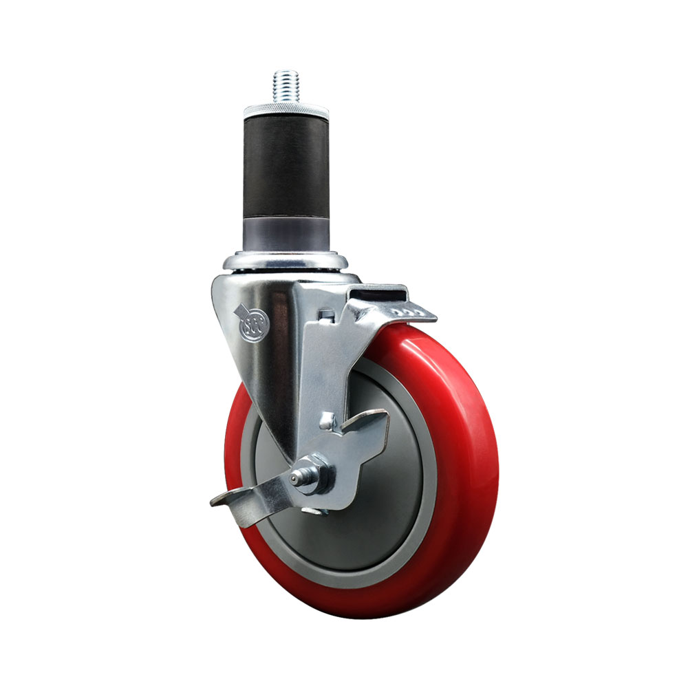 Polyurethane Expanding Stem Swivel Caster with 5 Inch Red Wheel and 1-5/8" Stem & Top Locking Brake - 350 lbs. Capacity Per Caster - Service Caster Brand — photo 1