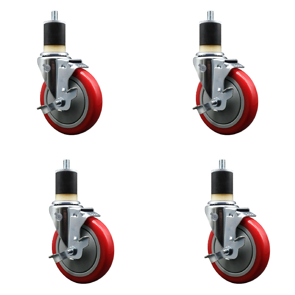 Polyurethane Swivel Expanding Stem Caster Set of 4 with 5 Inch Red Wheels and 1-7/8" Stems - Includes 4 Swivel with Top Locking Brakes - 350 lbs. Capacity Per Caster - Service Caster Brand — photo 1