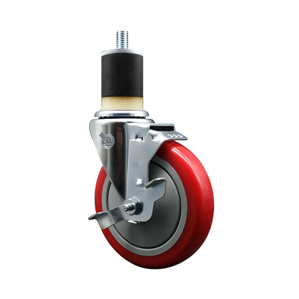 Stainless Steel Polyurethane Expanding Stem Swivel Caster with 5 Inch Red Wheel and 1-7/8" Stem & Top Locking Brake - 350 lbs. Capacity Per Caster - Service Caster Brand — photo 1