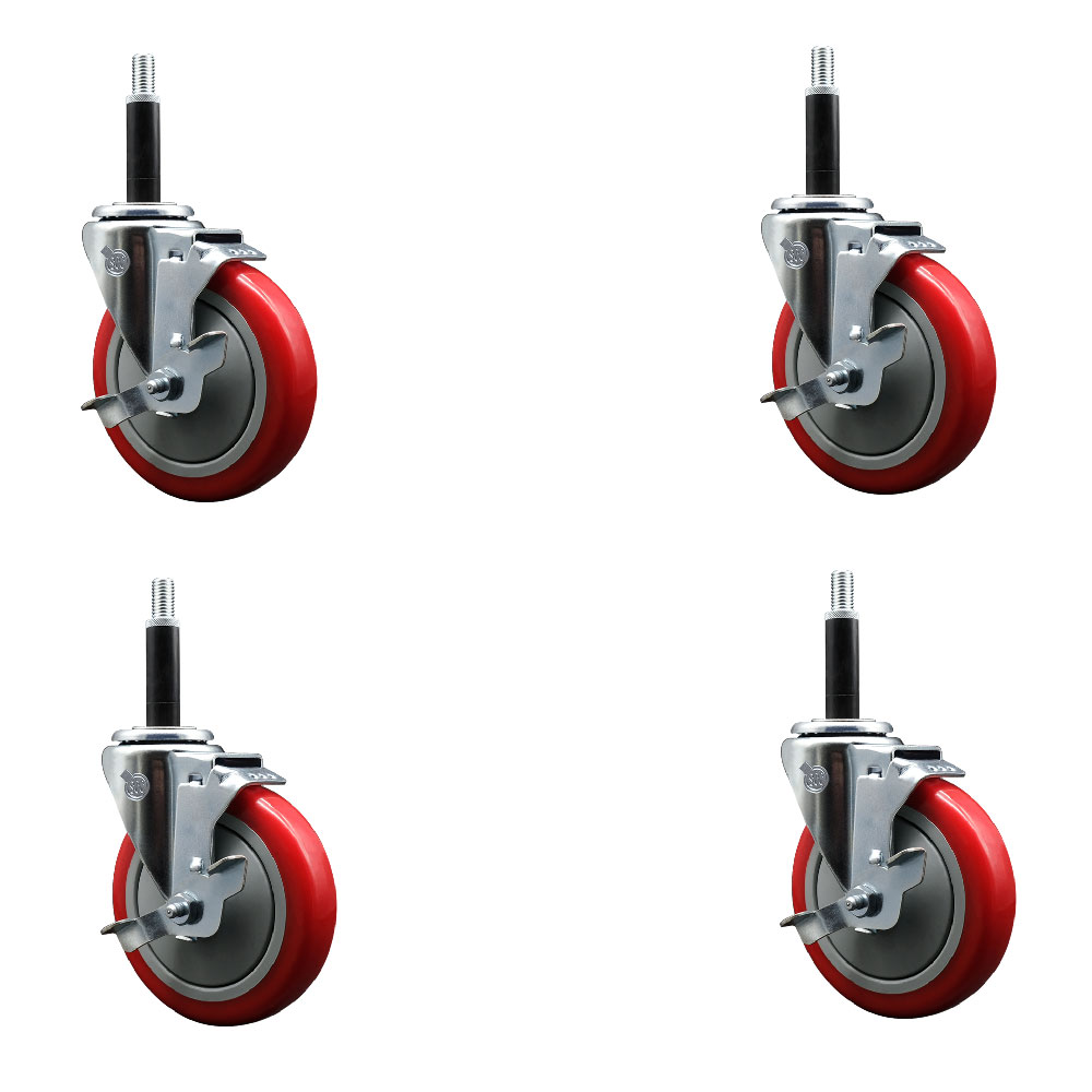 Polyurethane Swivel Expanding Stem Caster Set of 4 with 5 Inch Red Wheels and 3/4" Stems - Includes 4 Swivel with Top Locking Brakes - 350 lbs. Capacity Per Caster - Service Caster Brand — photo 1
