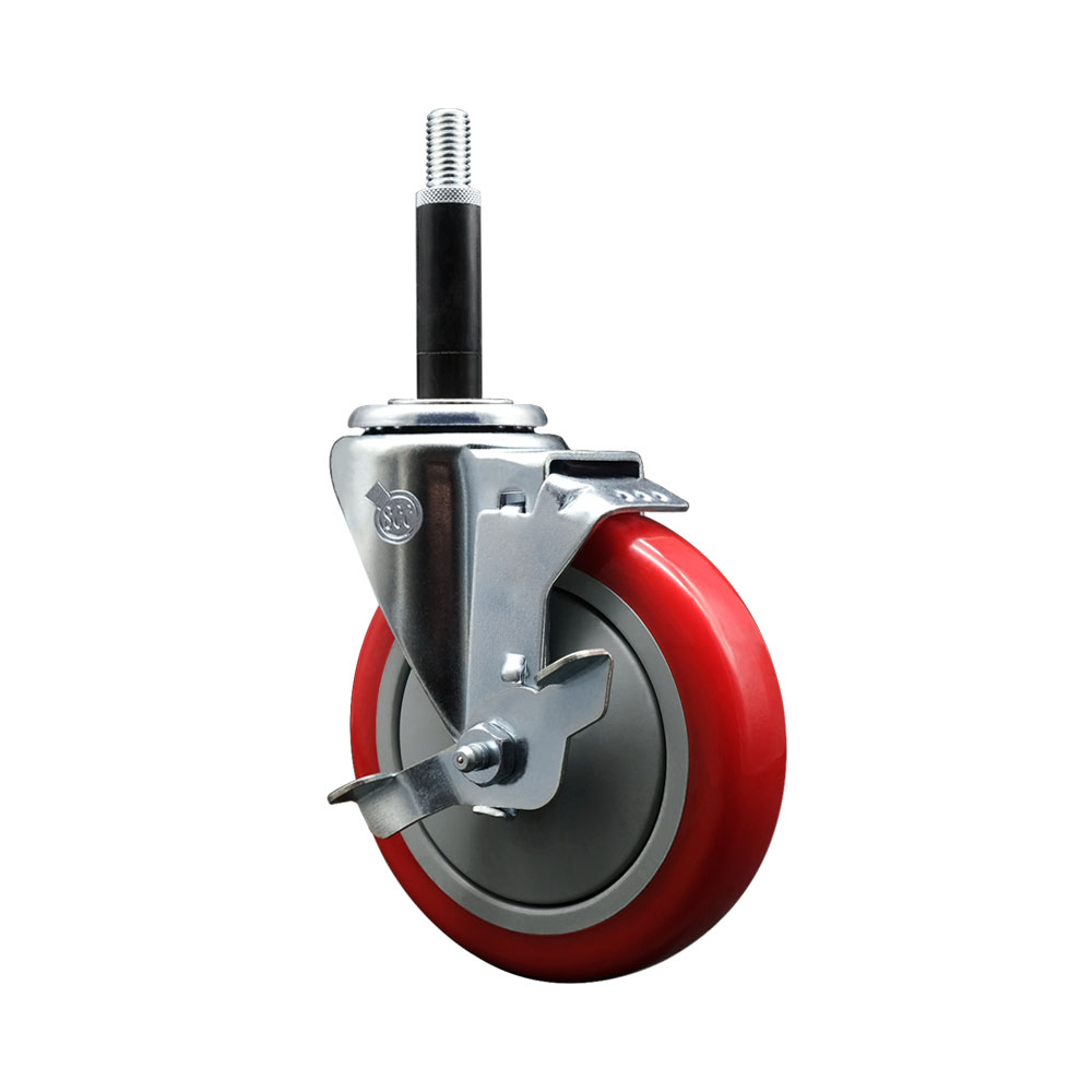 Polyurethane Expanding Stem Swivel Caster with 5 Inch Red Wheel and 3/4" Stem & Top Locking Brake - 350 lbs. Capacity Per Caster - Service Caster Brand — photo 1