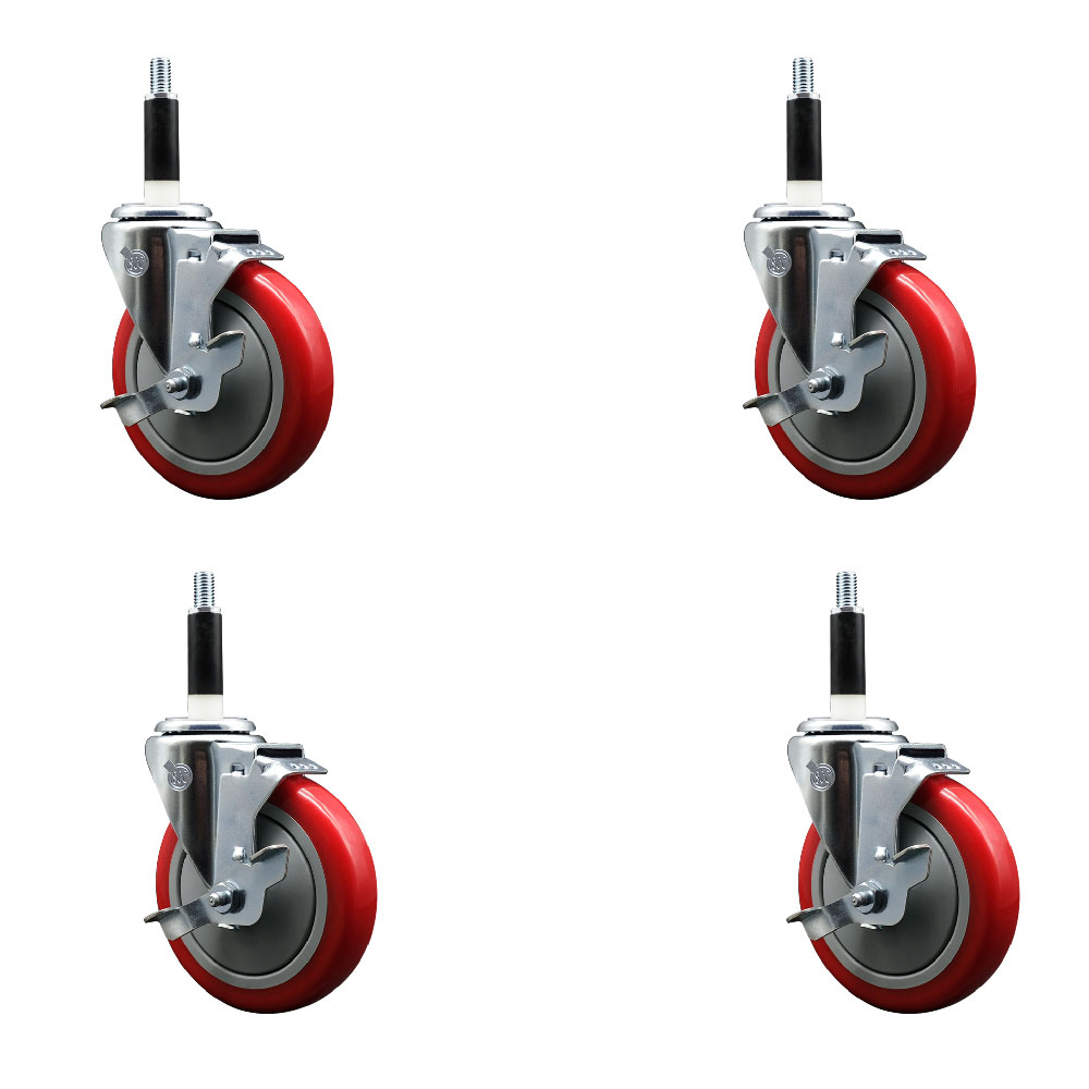 Polyurethane Swivel Expanding Stem Caster Set of 4 with 5 Inch Red Wheels and 7/8" Stems - Includes 4 Swivel with Top Locking Brakes - 350 lbs. Capacity Per Caster - Service Caster Brand — photo 1
