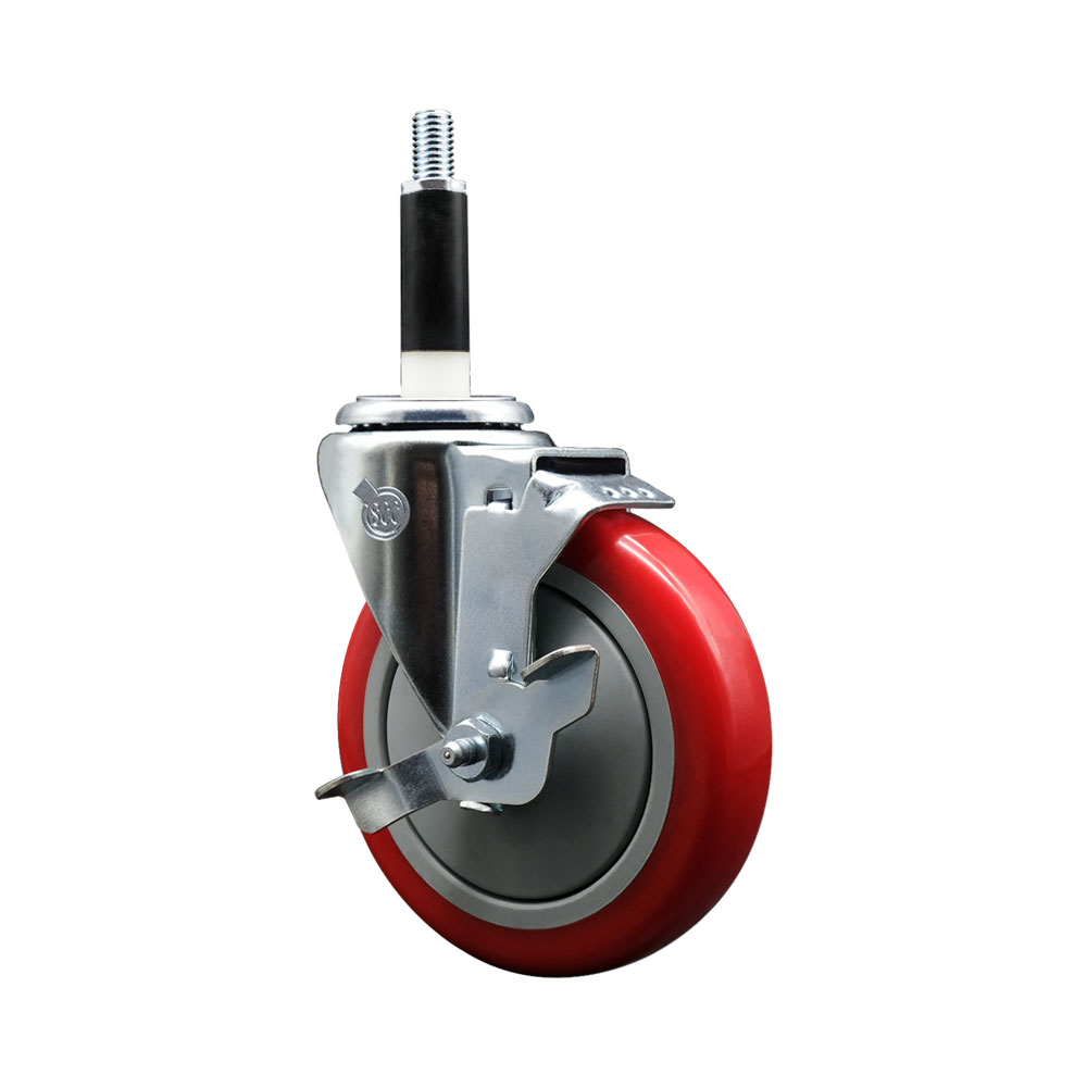 Polyurethane Expanding Stem Swivel Caster with 5 Inch Red Wheel and 7/8" Stem & Top Locking Brake - 350 lbs. Capacity Per Caster - Service Caster Brand — photo 1