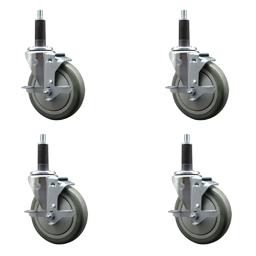 Polyurethane Swivel Expanding Stem Caster Set of 4 with 5 Inch Gray Wheels and 1" Stems - Includes 4 Swivel with Top Locking Brakes - 350 lbs. Capacity Per Caster - Service Caster Brand — photo 1