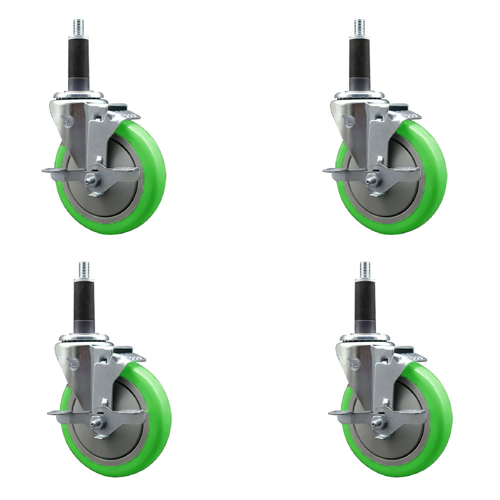 Stainless Steel Polyurethane Swivel Expanding Stem Caster Set of 4 with 5 Inch Green Wheels and 1" Stems - Includes 4 Swivel with Top Locking Brakes - 350 lbs. Capacity Per Caster-Service Caster Brand — photo 1