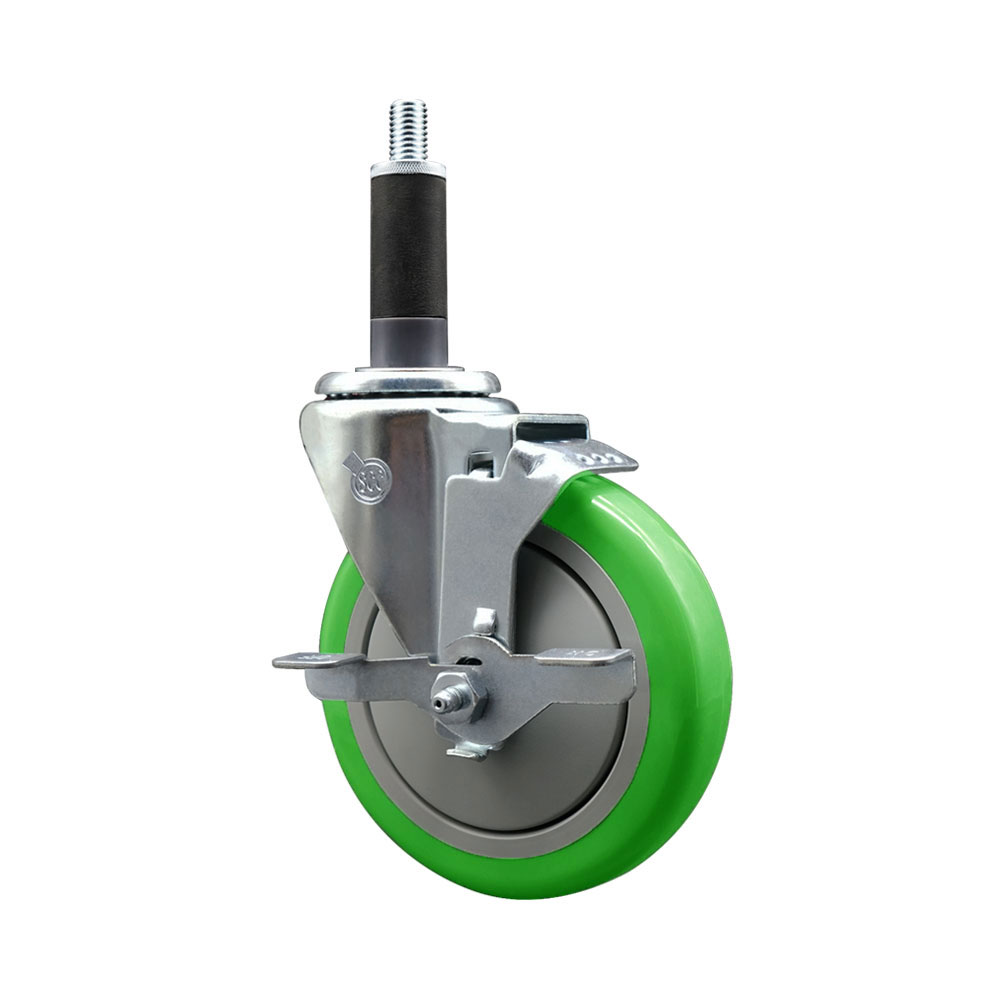Stainless Steel Polyurethane Expanding Stem Swivel Caster with 5 Inch Green Wheel and 1" Stem & Top Locking Brake - 350 lbs. Capacity Per Caster - Service Caster Brand — photo 1