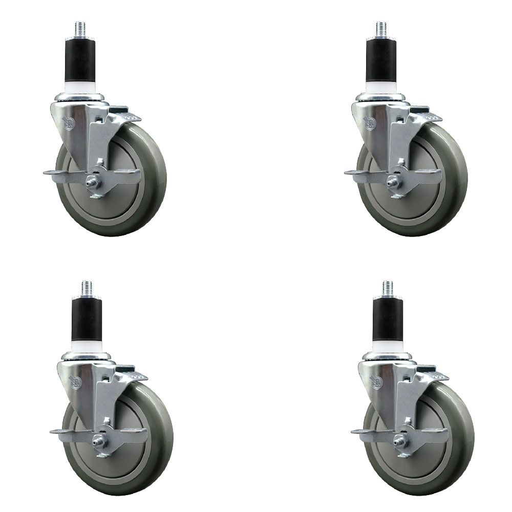 Stainless Steel Polyurethane Swivel Expanding Stem Caster Set of 4 with 5 Inch Gray Wheels and 1-1/2" Stems - 4 Swivel with Top Locking Brakes - 350 lbs. Capacity Per Caster - Service Caster Brand — photo 1