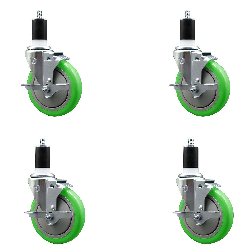 Stainless Steel Polyurethane Swivel Expanding Stem Caster Set of 4 with 5 Inch Green Wheels and 1-1/2" Stems-Includes 4 Swivel with Top Locking Brakes-350 lbs. Capacity Per Caster-Service Caster Brand — photo 1