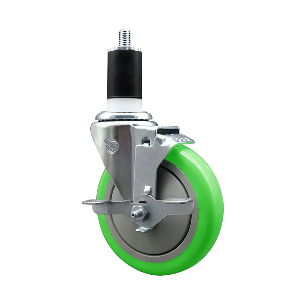 Stainless Steel Polyurethane Expanding Stem Swivel Caster with 5 Inch Green Wheel and 1-1/2" Stem & Top Locking Brake - 350 lbs. Capacity Per Caster - Service Caster Brand — photo 1