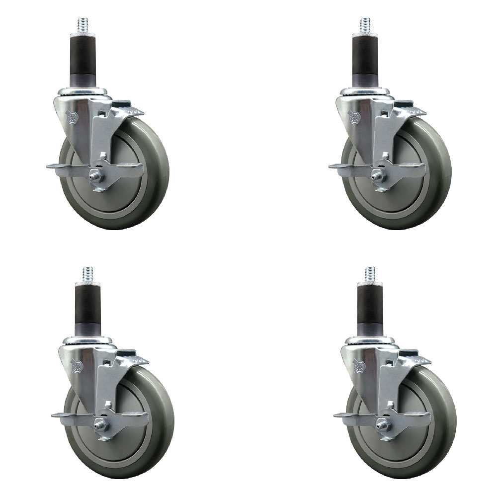 Polyurethane Swivel Expanding Stem Caster Set of 4 with 5 Inch Gray Wheels and 1-1/4" Stems - Includes 4 Swivel with Top Locking Brakes - 350 lbs. Capacity Per Caster - Service Caster Brand — photo 1