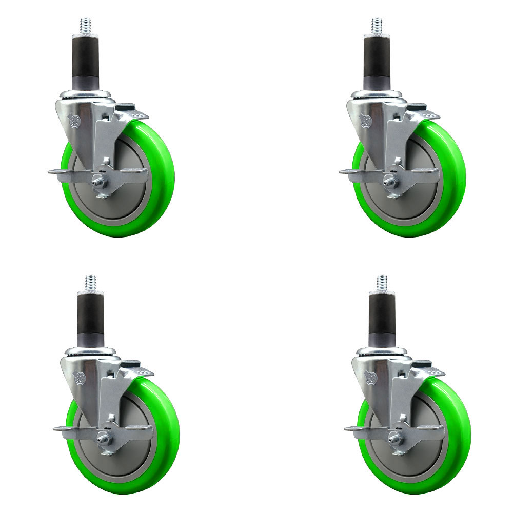 Stainless Steel Polyurethane Swivel Expanding Stem Caster Set of 4 with 5 Inch Green Wheels and 1-1/4" Stems-Includes 4 Swivel with Top Locking Brakes-350 lbs. Capacity Per Caster-Service Caster Brand — photo 1