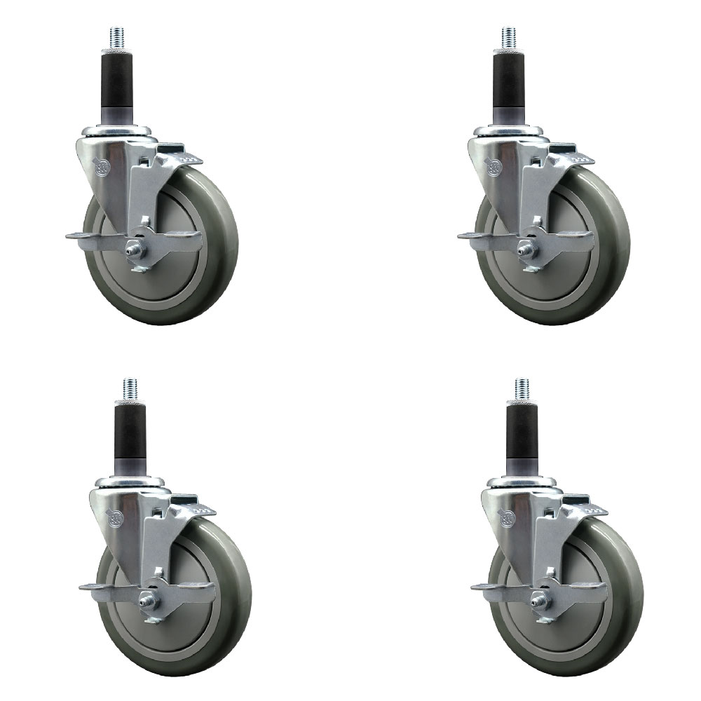 Polyurethane Swivel Expanding Stem Caster Set of 4 with 5 Inch Gray Wheels and 1-1/8" Stems - Includes 4 Swivel with Top Locking Brakes - 350 lbs. Capacity Per Caster - Service Caster Brand — photo 1