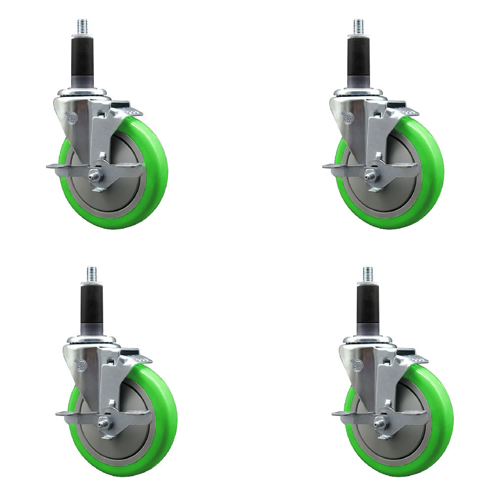 Stainless Steel Polyurethane Swivel Expanding Stem Caster Set of 4 with 5 Inch Green Wheels and 1-1/8" Stems-Includes 4 Swivel with Top Locking Brakes-350 lbs. Capacity Per Caster-Service Caster Brand — photo 1
