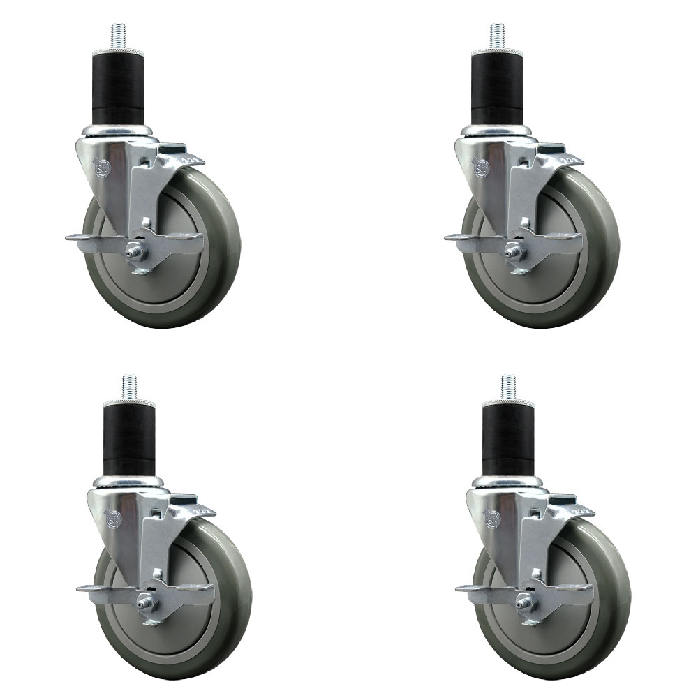 Polyurethane Swivel Expanding Stem Caster Set of 4 with 5 Inch Gray Wheels and 1-3/4" Stems - Includes 4 Swivel with Top Locking Brakes - 350 lbs. Capacity Per Caster - Service Caster Brand — photo 1