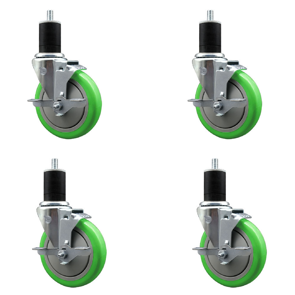 Stainless Steel Polyurethane Swivel Expanding Stem Caster Set of 4 with 5 Inch Green Wheels and 1-3/4" Stems-Includes 4 Swivel with Top Locking Brakes-350 lbs. Capacity Per Caster-Service Caster Brand — photo 1