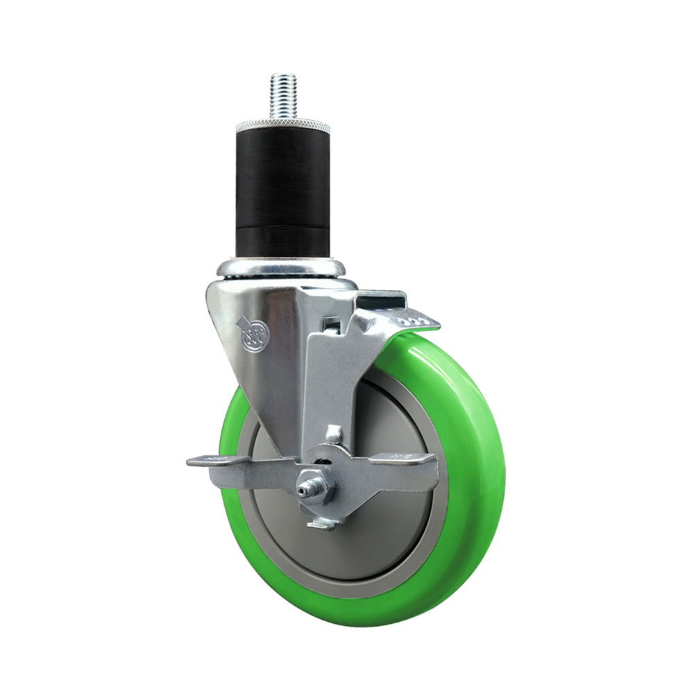 Stainless Steel Polyurethane Expanding Stem Swivel Caster with 5 Inch Green Wheel and 1-3/4" Stem & Top Locking Brake - 350 lbs. Capacity Per Caster - Service Caster Brand — photo 1