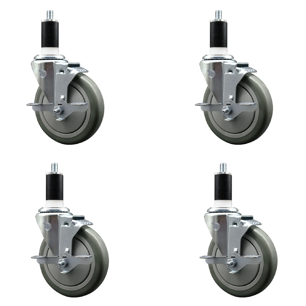 Stainless Steel Polyurethane Swivel Expanding Stem Caster Set of 4 with 5 Inch Gray Wheels and 1-3/8" Stems - 4 Swivel with Top Locking Brakes - 350 lbs. Capacity Per Caster - Service Caster Brand — photo 1