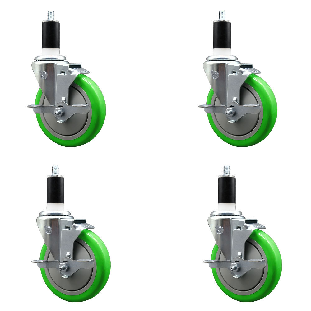 Stainless Steel Polyurethane Swivel Expanding Stem Caster Set of 4 with 5 Inch Green Wheels and 1-3/8" Stems-Includes 4 Swivel with Top Locking Brakes-350 lbs. Capacity Per Caster-Service Caster Brand — photo 1