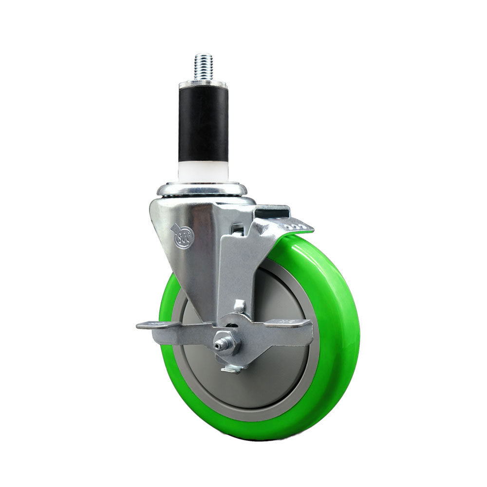 Stainless Steel Polyurethane Expanding Stem Swivel Caster with 5 Inch Green Wheel and 1-3/8" Stem & Top Locking Brake - 350 lbs. Capacity Per Caster - Service Caster Brand — photo 1