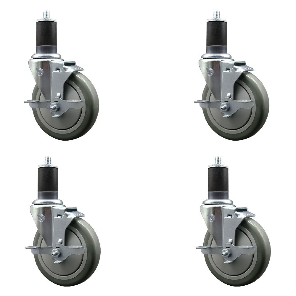 Stainless Steel Polyurethane Swivel Expanding Stem Caster Set of 4 with 5 Inch Gray Wheels and 1-5/8" Stems - 4 Swivel with Top Locking Brakes - 350 lbs. Capacity Per Caster - Service Caster Brand — photo 1