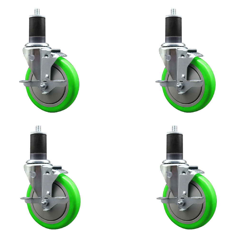 Stainless Steel Polyurethane Swivel Expanding Stem Caster Set of 4 with 5 Inch Green Wheels and 1-5/8" Stems-Includes 4 Swivel with Top Locking Brakes-350 lbs. Capacity Per Caster-Service Caster Brand — photo 1
