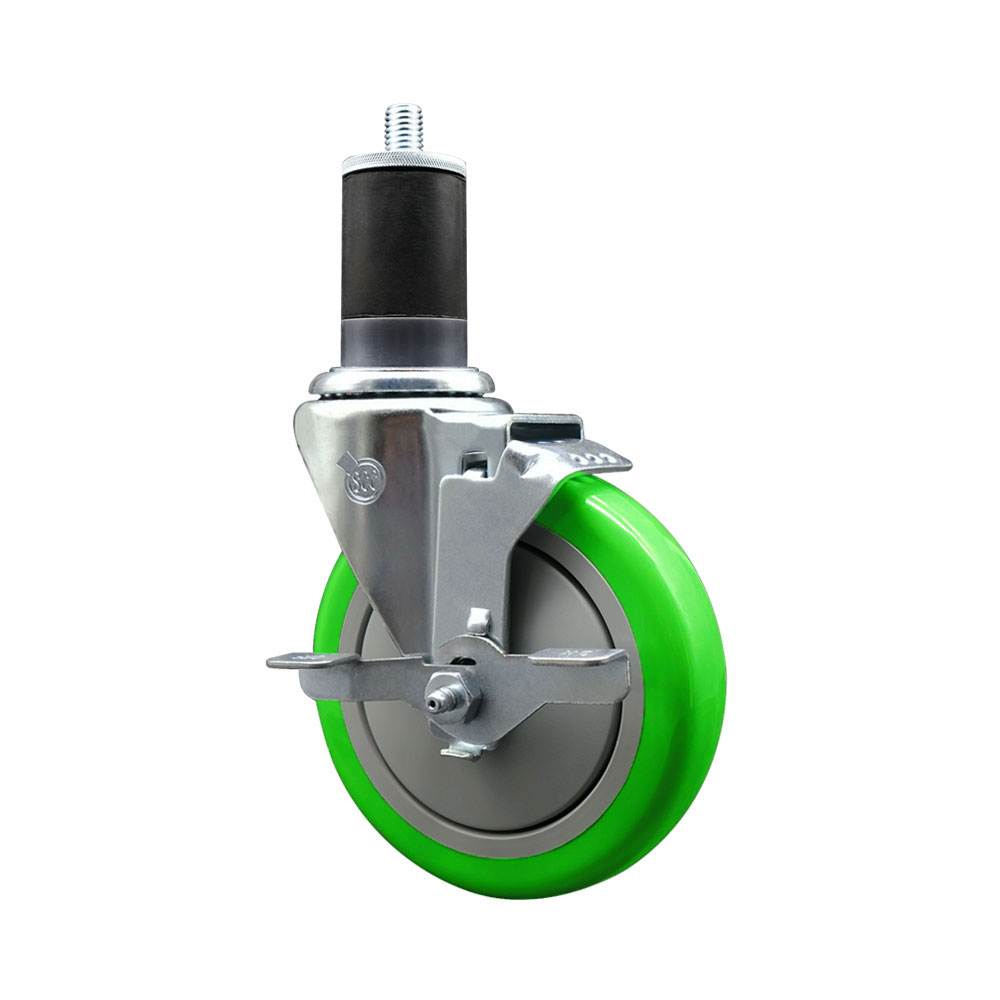 Stainless Steel Polyurethane Expanding Stem Swivel Caster with 5 Inch Green Wheel and 1-5/8" Stem & Top Locking Brake - 350 lbs. Capacity Per Caster - Service Caster Brand — photo 1