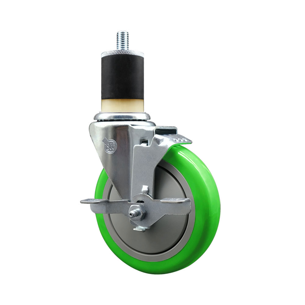 Stainless Steel Polyurethane Expanding Stem Swivel Caster with 5 Inch Green Wheel and 1-7/8" Stem & Top Locking Brake - 350 lbs. Capacity Per Caster - Service Caster Brand — photo 1