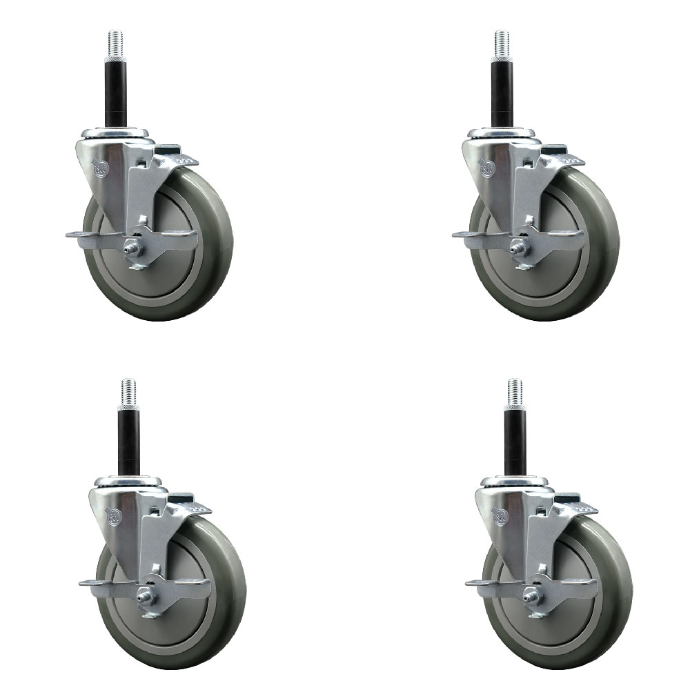 Stainless Steel Polyurethane Swivel Expanding Stem Caster Set of 4 with 5 Inch Gray Wheels and 3/4" Stems - 4 Swivel with Top Locking Brakes - 350 lbs. Capacity Per Caster - Service Caster Brand — photo 1