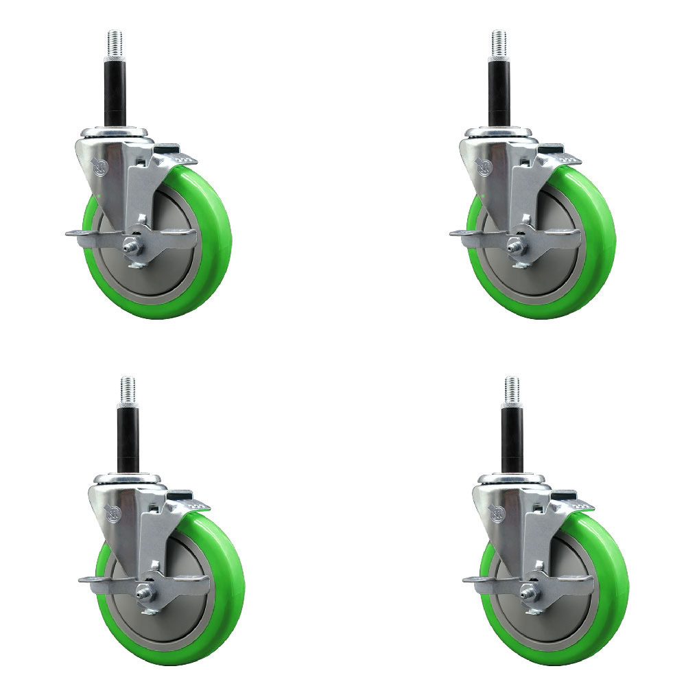 Stainless Steel Polyurethane Swivel Expanding Stem Caster Set of 4 with 5 Inch Green Wheels and 3/4" Stems - Includes 4 Swivel with Top Locking Brakes-350 lbs. Capacity Per Caster-Service Caster Brand — photo 1
