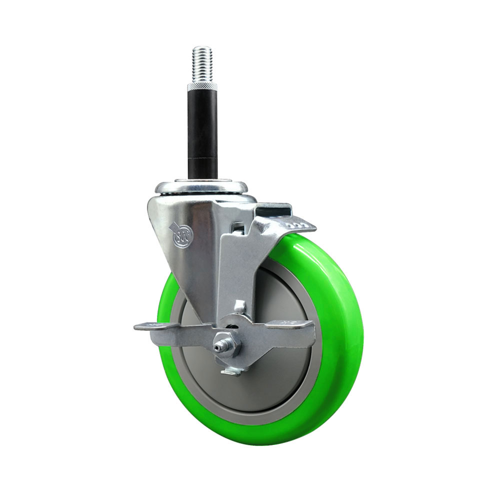Stainless Steel Polyurethane Expanding Stem Swivel Caster with 5 Inch Green Wheel and 3/4" Stem & Top Locking Brake - 350 lbs. Capacity Per Caster - Service Caster Brand — photo 1