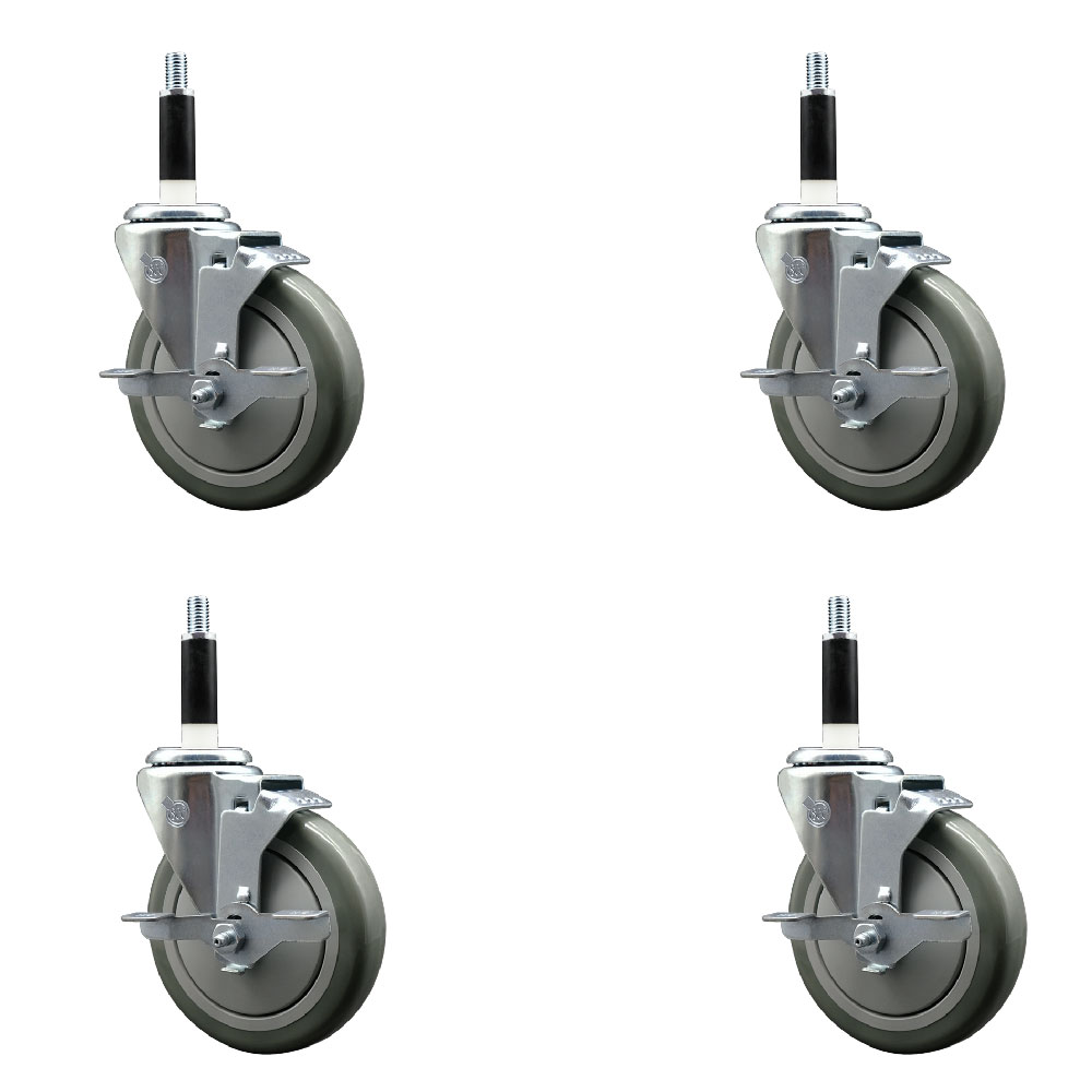 Polyurethane Swivel Expanding Stem Caster Set of 4 with 5 Inch Gray Wheels and 7/8" Stems - Includes 4 Swivel with Top Locking Brakes - 350 lbs. Capacity Per Caster - Service Caster Brand — photo 1