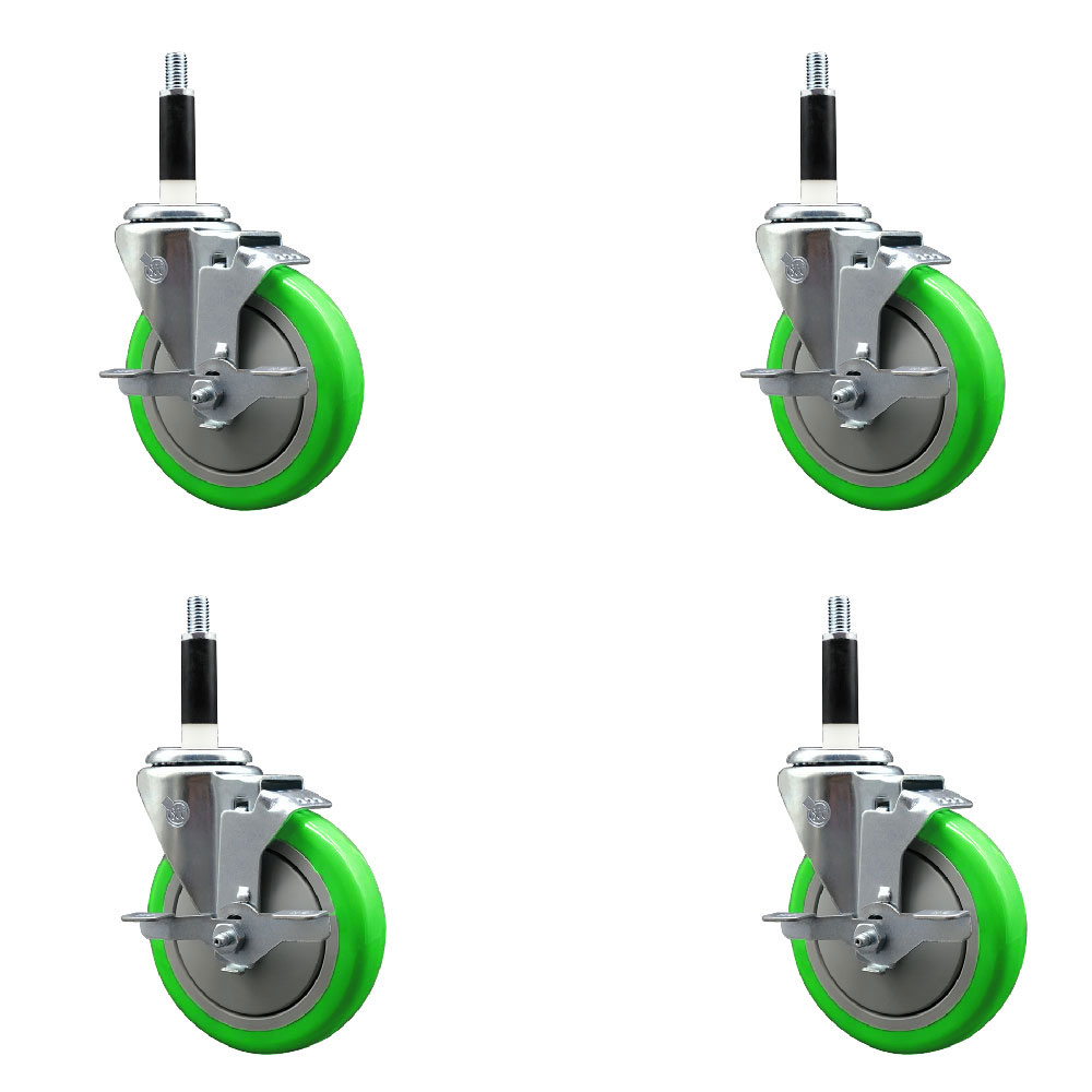Stainless Steel Polyurethane Swivel Expanding Stem Caster Set of 4 with 5 Inch Green Wheels and 7/8" Stems - Includes 4 Swivel with Top Locking Brakes-350 lbs. Capacity Per Caster-Service Caster Brand — photo 1