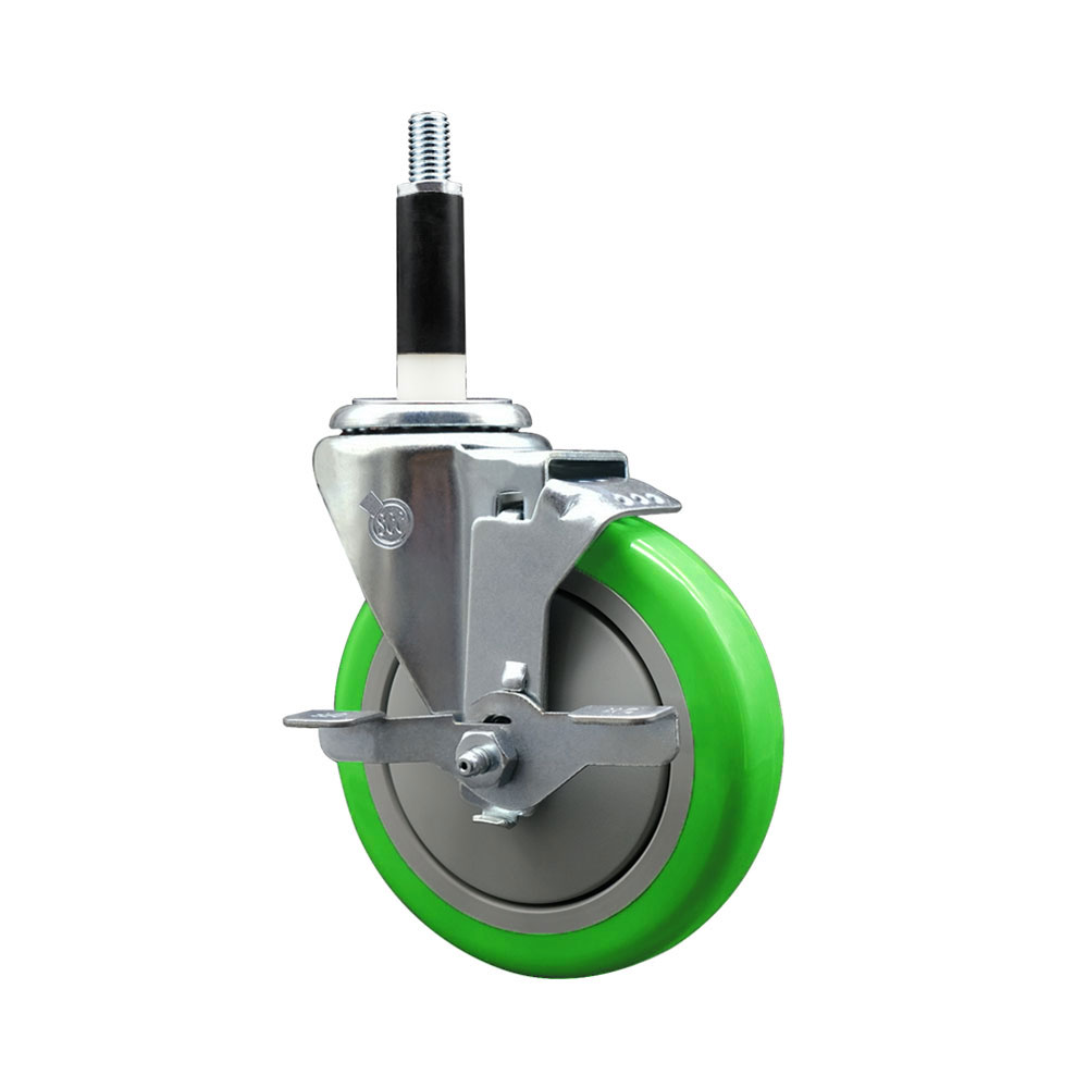 Stainless Steel Polyurethane Expanding Stem Swivel Caster with 5 Inch Green Wheel and 7/8" Stem & Top Locking Brake - 350 lbs. Capacity Per Caster - Service Caster Brand — photo 1