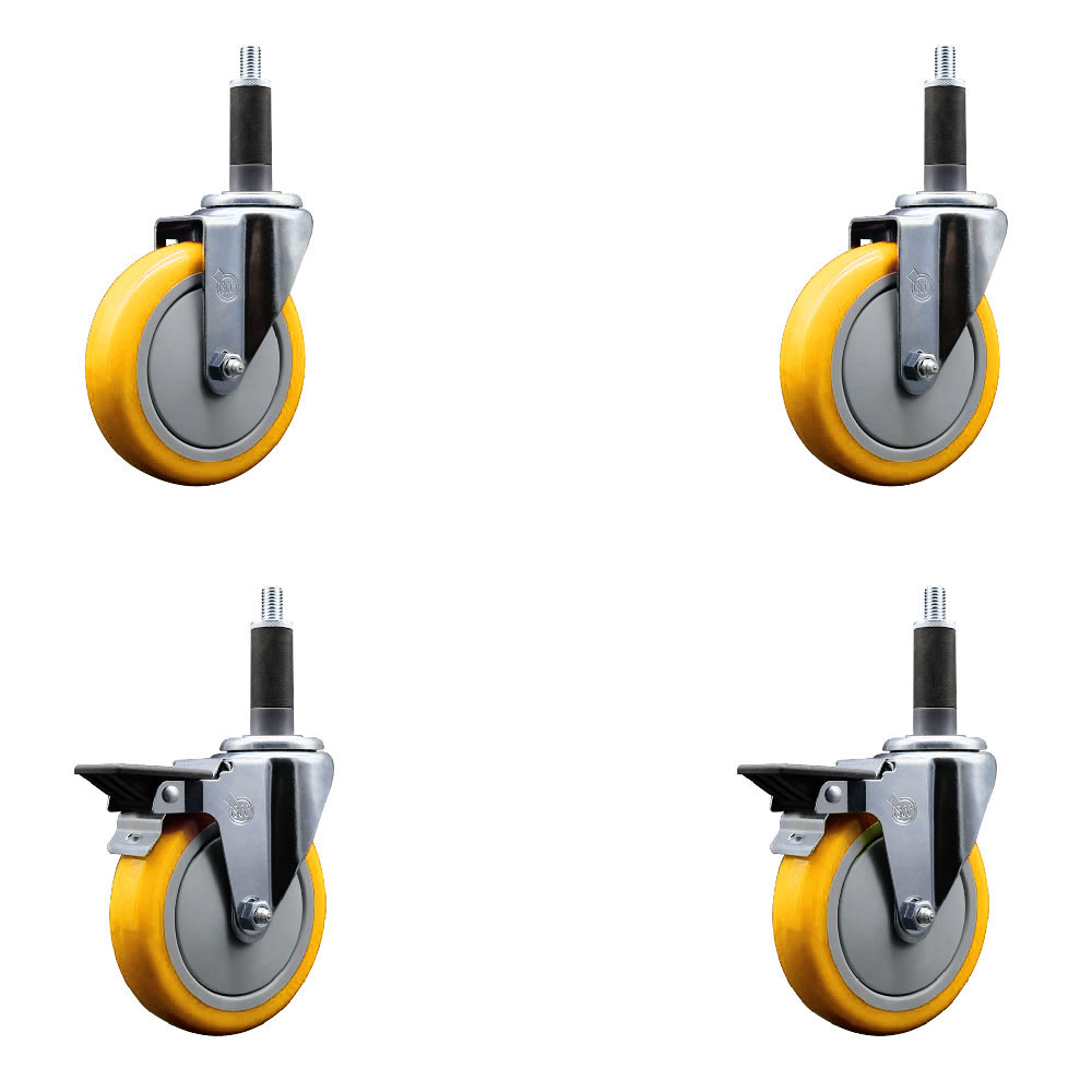 Polyurethane Swivel Expanding Stem Caster Set of 4 with 5 Inch Yellow Wheels and 1" Stems - Includes 2 with Posi Locking Brakes - 1400 lbs Total Capacity - Service Caster Brand — photo 1